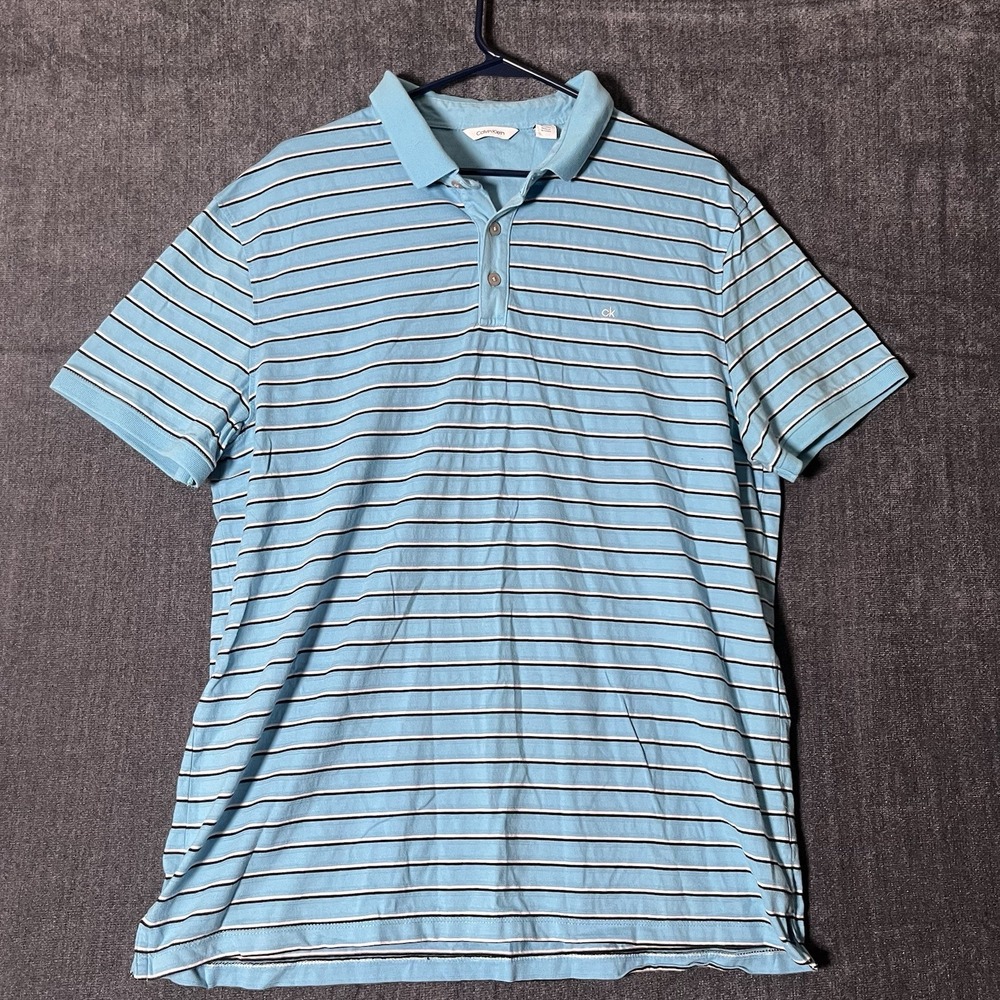 Calvin Klein Mens XL Polo Shirt Blue White Black Striped Short Sleeve Cotton